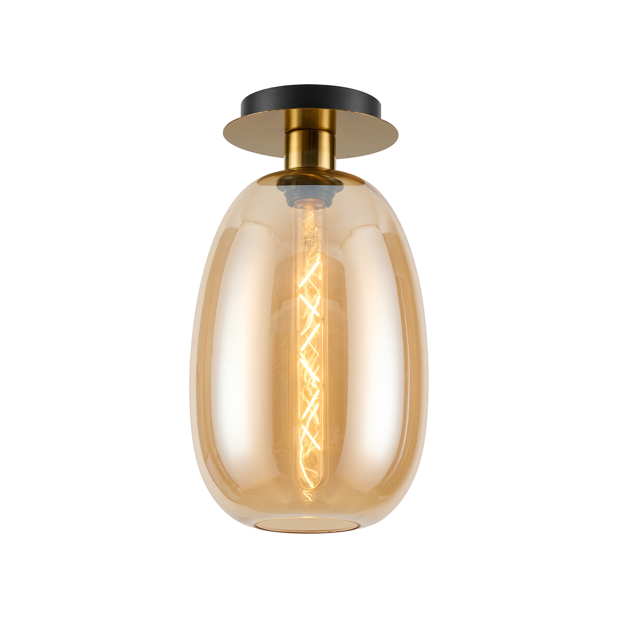 DK1234  Lori 15cm Round Ceiling Flush, 1 Light Flush Fitting E27, Antique Gold/Amber Slim Curved Trapezium Shades